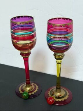 Hand-Painted Pink Multicolor Decorative Cordial Wine Glass Set of 2